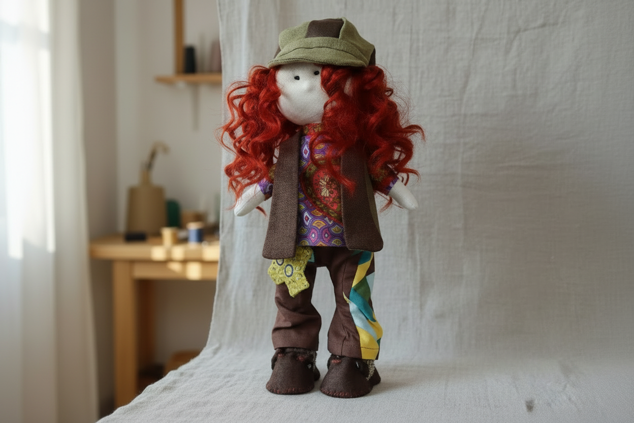 One-of-a-Kind Handcrafted Textile Art Doll – 35cm Collectible.Golden rose II